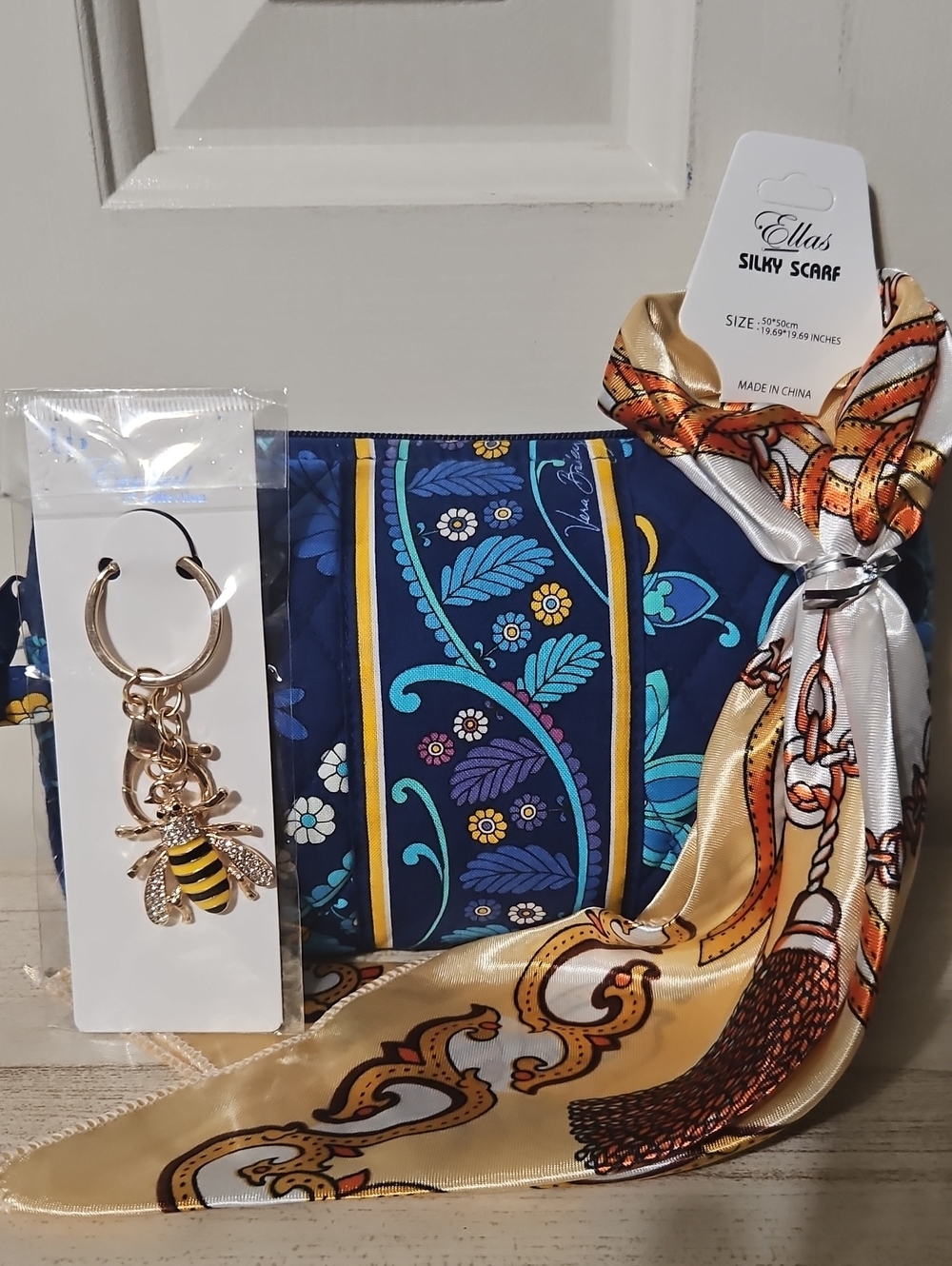 Vera Bradley EUC Disney Collab Navy Cosmetic Pouch, Gold Scarf, And Bee Charm